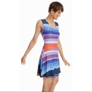 Desigual Violeta Striped Floral Print V-Neck Designer Flare Mini Dress Size M